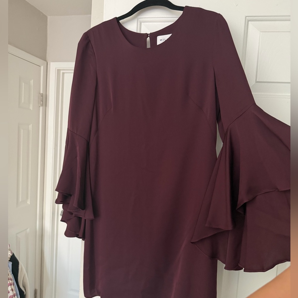 MILLY Silk Dress Ruffle Bell Sleeve Shift Dress Size 4 Plum Purple Mini Cocktail - Picture 4 of 10